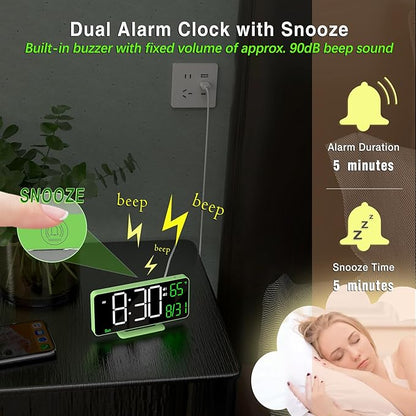 KOSUMOSU Small Digital Clock, 6.7in Alarm Clocks for Bedrooms, Auto Dimming, Room Temperature, Day of The Week, Seconds, Date, Desk Clock for Bedroom, Digital Clocks for Living Room