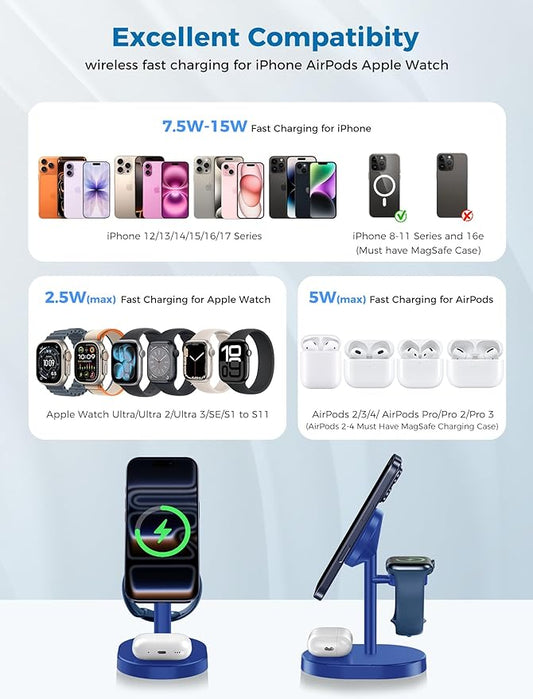 2025 3 in 1 Wireless Charging Station for Apple MagSafe Charger, 15W Fast Magnetic Mag-Safe Charger Stand for iPhone 17 16 15 14 13 12 iWatch AirPods 2 Pack (Adaptor Not Included)