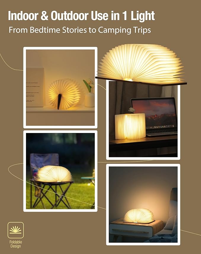 Wooden Book Lamp - Portable Folding LED Book Light for Reading, Unique Gift for Book Lovers, Magnetic Mood Lighting for Home&Library Decor (Maple)