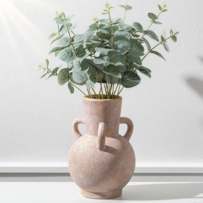 Beige Vintage Terracotta Ceramic Vase with Handles, Rustic Pottery Tulip Vase for Cottage Core Home Mantle Decor, Large Bulk Flower Vases Farmhouse Table Centerpieces, Jarrones Decorativos para Sala