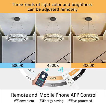 Modern Chandelier Crystal LED Dimmable Ring Pendant Lights Adjustable Hanging Lighting Chandeliers Fixtures for Dining Room Bedroom Kitchen Island Table Black Light