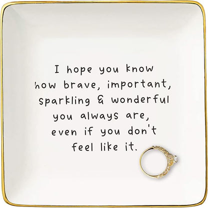 NZY Meaningful Birthday Christmas Gift for Best Friend,Daughter,Encouragement Gift-You Can Do This-Motivational Present-Ceramic Jewelry Tray Trinket Holder Ring Dish-I Hope You Know- You Are Brave