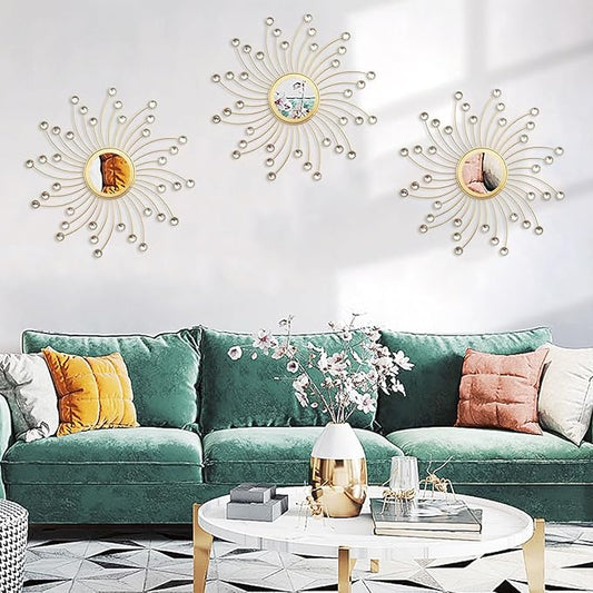 Uaussi 3 Pack Crystal Sunburst Wall Mirror Décor Rhinestone Mirrors Decorative Home Wall Art for Living Room Bedroom Entryway(Curle Burst Gold)
