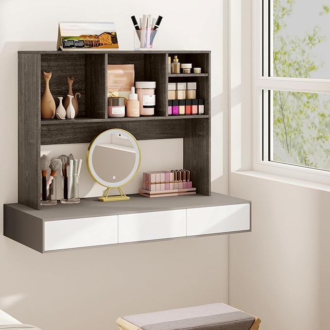 GOFLAME 4 Cubes Desktop Bookshelf, 37” Tabletop Wood Desk Shelf for Computer Monitor, Modern Countertop Desk Display Hutch Storage Organizer Shelf for Home Office, Dorm, Study (Grey)