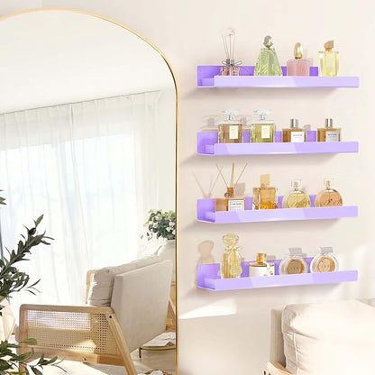 4 Pack 15 Inch Purple Acrylic Shelves, Kids Floating Bookshelf for Kids Room, Modern Nail Polish Rack Sunglasses Essential Oil Picture Ledge Display Toy Storage Wall Shelf