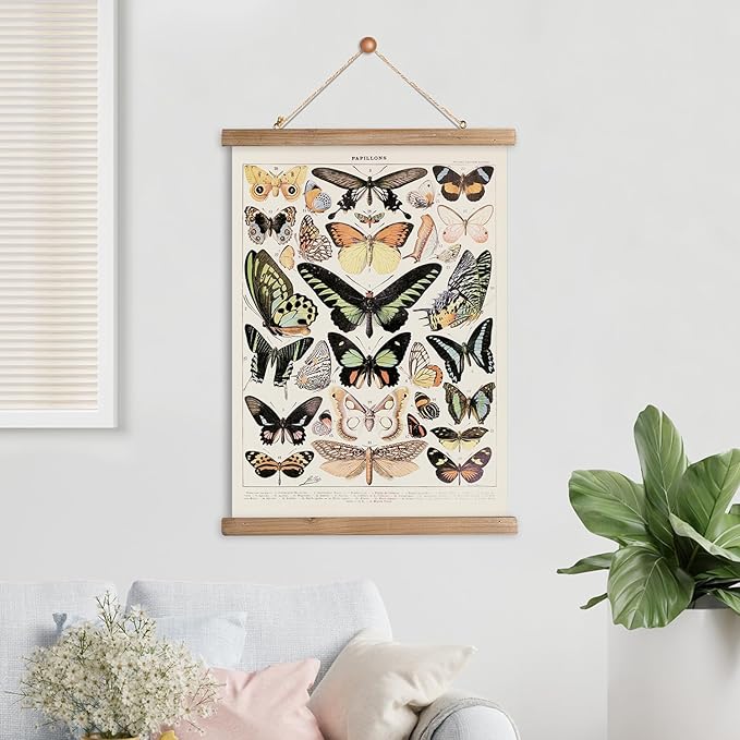 XIAOAIKA Vintage Butterfly Hanging Poster with Wooden Frame, Retro Style Wall Decor Art Painting, Patterns Printed on Linen Without Fading, Ready to Hang (20 x 30)