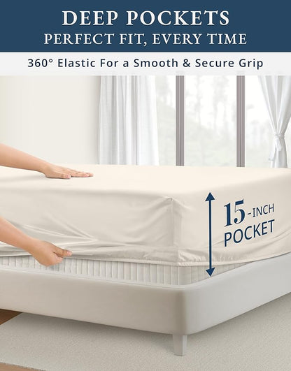 LANE LINEN 100% Egyptian Cotton King Size Bed Sheets, Machine Washable Naturally Temperature regulating Sustaibable No Pill Fade Resistant King Size Sheets Set Cotton - Sea Salt
