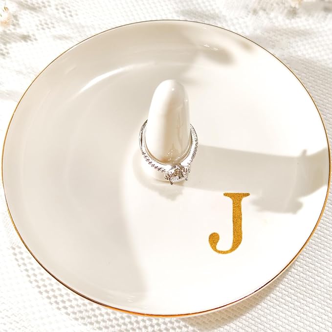 Ceramic Initials Jewelry Tray Ring Dish With Personalized J-Monogrammed Engagement Wedding Gifts, for Birthday Mother's Day for Women, Ceramic White 4.7" x2.4"