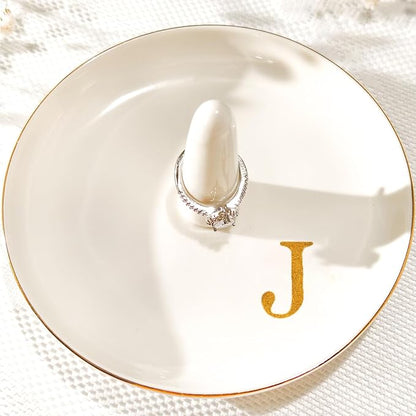 Ceramic Initials Jewelry Tray Ring Dish With Personalized J-Monogrammed Engagement Wedding Gifts, for Birthday Mother's Day for Women, Ceramic White 4.7" x2.4"