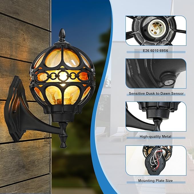 Dusk to Dawn Outdoor Lighting, Black Porch Wall Lights, Black Globe Aluminum Exterior House Lantern Wall Mount with Amber Glass, Anti-Rust Waterproof Outside Light Fixtures for Patio Doorway Garage