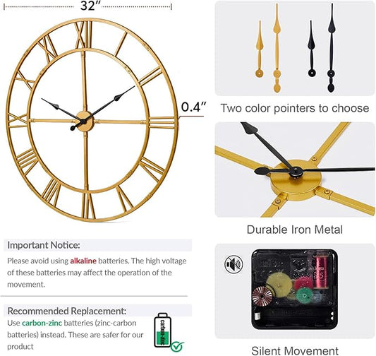 Large Wall Clock for Living Room Decor – 32 Inch Silent Non-Ticking Modern Farmhouse Wall Clock, Oversized Decorative Metal Roman Numeral Clock