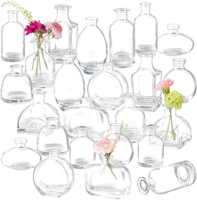 Bud Vases Set of 24, Glass Bud Vase in Bulk, Clear Bud Vases for Centerpieces, Small Vases Flowers Vintage Vases for Rustic Wedding Home Decor Floral Arrangements Mini Glass Bud Vase