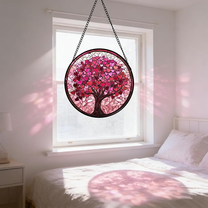 Stained Glass Window Hanging - DASTOLL, Birthday Gifts for Women Men Mom Dad, Pink Love Tree Suncatcher for Doors Window Home Sun Catchers Decor 6.3 in