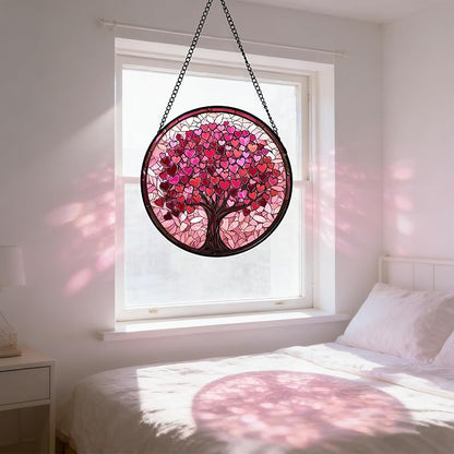 Stained Glass Window Hanging - DASTOLL, Birthday Gifts for Women Men Mom Dad, Pink Love Tree Suncatcher for Doors Window Home Sun Catchers Decor 6.3 in
