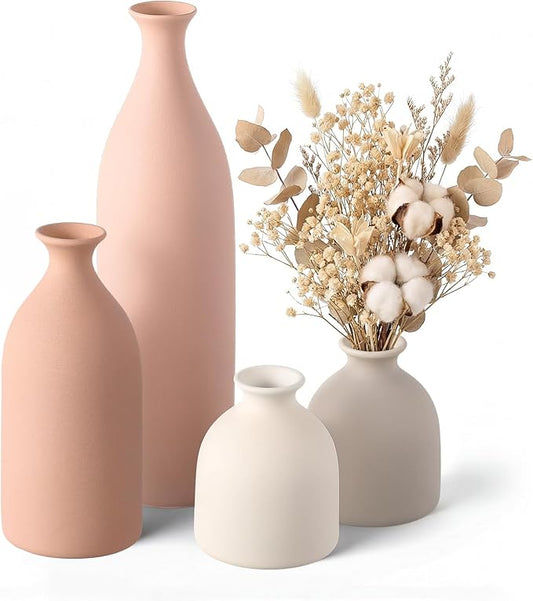 Dandat Ceramic Vase Set of 4, Modern Decorative Ceramic Vases Rustic Pottery Centerpiece Table Decor for Farmhouse Bouquet Pampas Grass Dried Fresh Flowers, Living Room, Kitchen, Bedroom (Beige)
