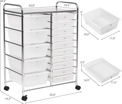 HAPPYGRILL 15-Drawer Rolling Cart, Storage Carts with Removable Drawers & Steel Frame, Utility Cart on Lockable Wheels for Home, School, Office,Clear