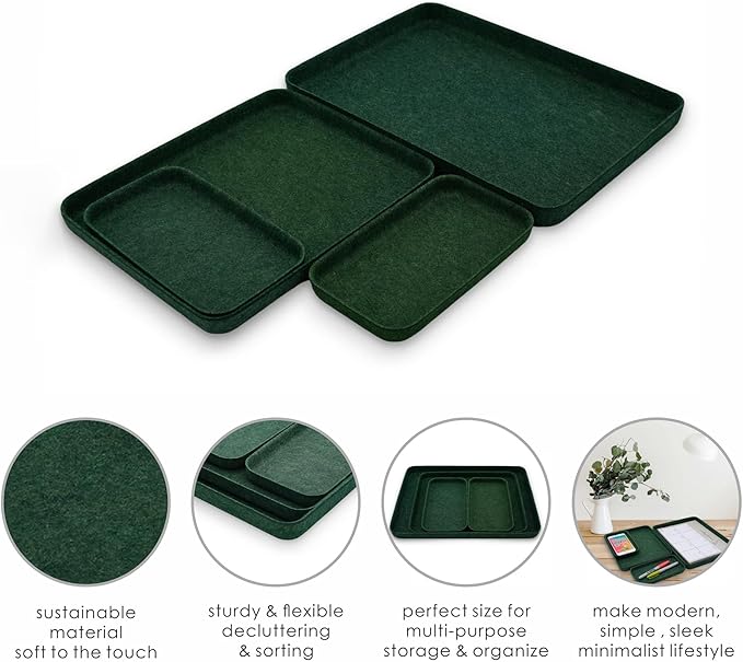 Welaxy EDC Catchall Desk Organizer felt DND dice rolling tray stylish nightstand multitray Entryway Bedside Caddy for Keys Phone Wallet Watch Glasses Pens Office minimalist 4-piece (Forest Green)
