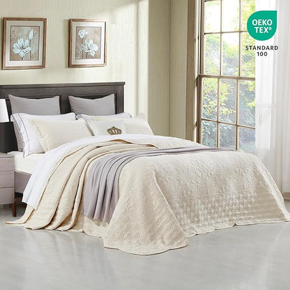 CHIXIN Bedspread Coverlet Set Queen Size - Lightweight Bedding Cover - Ultrasonic Quilting - 5 Piece Reversible Bedspread - Elegant Damask Paisley Pattern (Queen, Ivory)