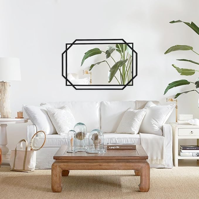 Decorative Wall Mirror, 40" x 28" Black Frame Bathroom Mirror for Wall with Modern Metal Octagonal, for Living Room, Dining Room, Entryway