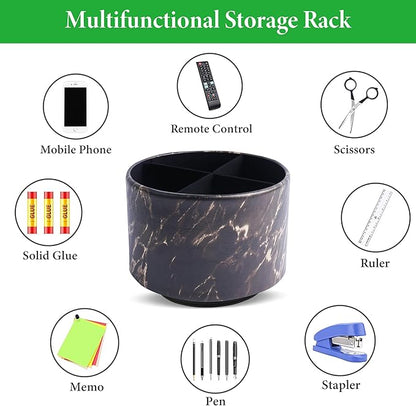Round Leather Art Supply Organizer,Remote Control Holder,360-degree Rotating Pen Organizer with 4 Compartments(1-Marble Black Gold)