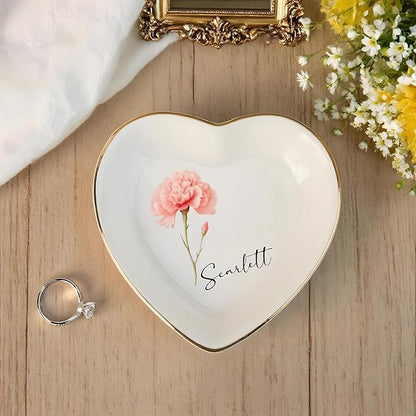 Personalized Birth Flower Ring Dish, Custom Floral Name Jewelry Dish, Trinket Tray for Women Bridesmaid Friends Sisters Siblings Bestie Gift for Birthday, Wedding, Engagement
