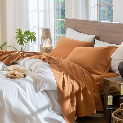 MooMee Bedding Sheet Set 100% Washed Cotton Linen Like Textured Breathable Durable Soft Comfy (Solid Burnt Orange, Twin)