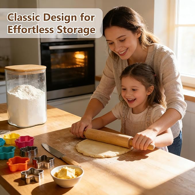 KEYWING 1.2 Gallon Glass Flour Storage Containers with Bamboo Lids, Set of 2 Large Square Pantry Jars, Big Wide Mouth Canisters for Sugar, Rice, Cereal, Beans, Cookie & Dry Goods
