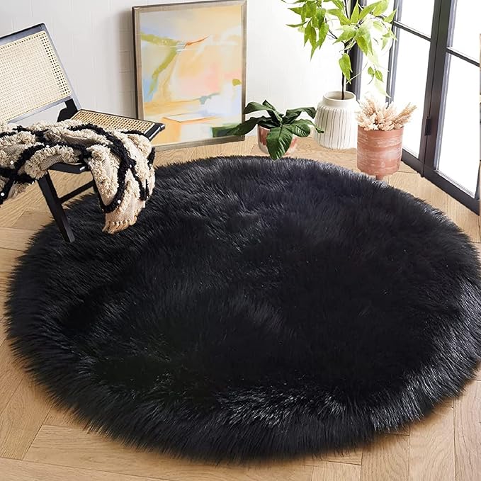 Black Round Rugs 6ft Fluffy Washable Faux Sheepskin Shaggy Fur Rugs for Bedroom Plush Shag Rug for Living Room Nursery Large Circle Rug
