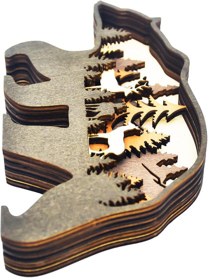 Wooden Bear Art Decor Brown Bear Figurine Rustic Home Shelf Desktop Creative Decorations Multi-Layer Silhouette Crafts