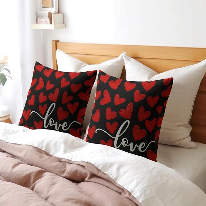 Valentines Day Pillow Covers 24x24 Set of 2 Black Heart Throw Pillow Covers Love Pillowcase Linen Decoration Farmhouse Holiday Cozy Soft Cushion Case Couch for Indoor Outdoor Home Decor