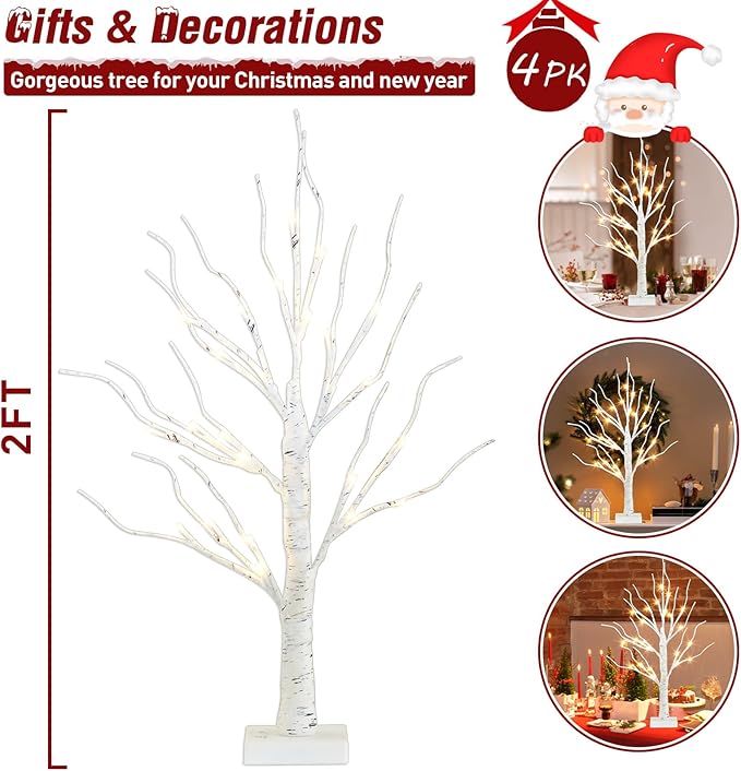 PEIDUO Christmas Decorations for Home, 2FT Christmas Tree with LED Lights, Warm White Lights, Fairy Light Spirit Tree for Room Inside Fireplace Decor, Battery Powered, Timer (4PK)