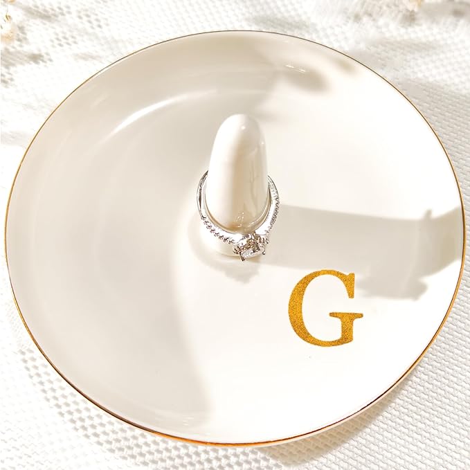 Ceramic Initials Jewelry Tray Ring Dish With Personalized G-Monogrammed Engagement Wedding Gifts, for Birthday Mother's Day for Women, Ceramic White 4.7" x2.4"