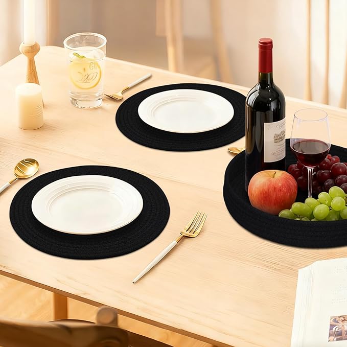 Round Placemats Set of 6 with Holder, Cotton Rope Woven Place Mats, Hot Pads for Kitchen, Heat Resistant Table Mats, 13 Inch Farmhouse Washable Braided Placemat for Kitchen Decor (Black)