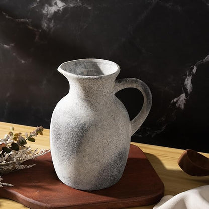 Ceramic Rustic Vase with Handle, Decorative Jug Pitcher, Terracotta Stone Vase for Decor Living Room, Vintage Home Decor, Natural