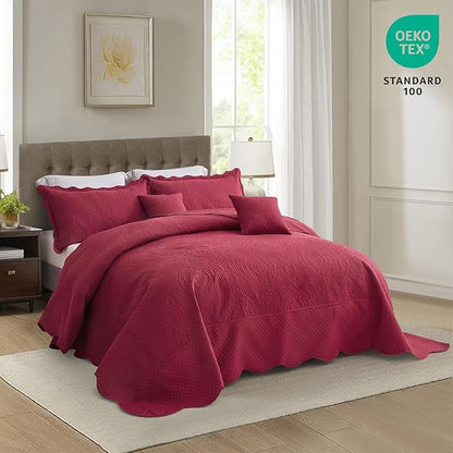 HZ & HY Oversized King Bedspread 128x120 Extra Wide, Ultrasonic Coverlet Bedding Set, Lightweight Thin Comforter, Reversible, 5 Piece, 100% Microfiber, Wine Red