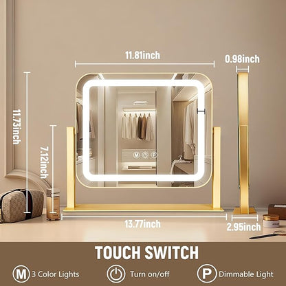 Gold Vanity Mirror with Lights 14"×12", Led Makeup Mirror, Lighted Makeup Mirror with 3 Color Dimmable Lights, Smart Touch Screen Control, 360°Rotation