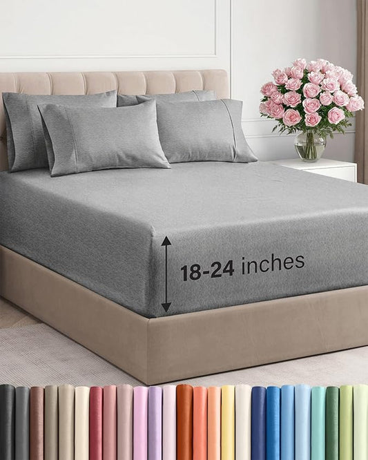 Extra Deep Cal King Sheet Set - 6 Piece Breathable & Cooling Sheets - Hotel Luxury Bed Sheets Set - Easy Fit - Soft, Wrinkle Free & Comfy Sheets Set - Heathered Grey Sheet Set w/Extra Deep Pockets