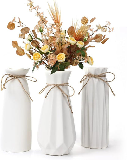 White Ceramic Vase,Modern Ceramic Vases Set of 3,White Tall Flower Vases for centerpieces,Rustic Farmhouse Boho Vase for Table Living Room Bathroom Kitchen Shelf Bedroom Office Party