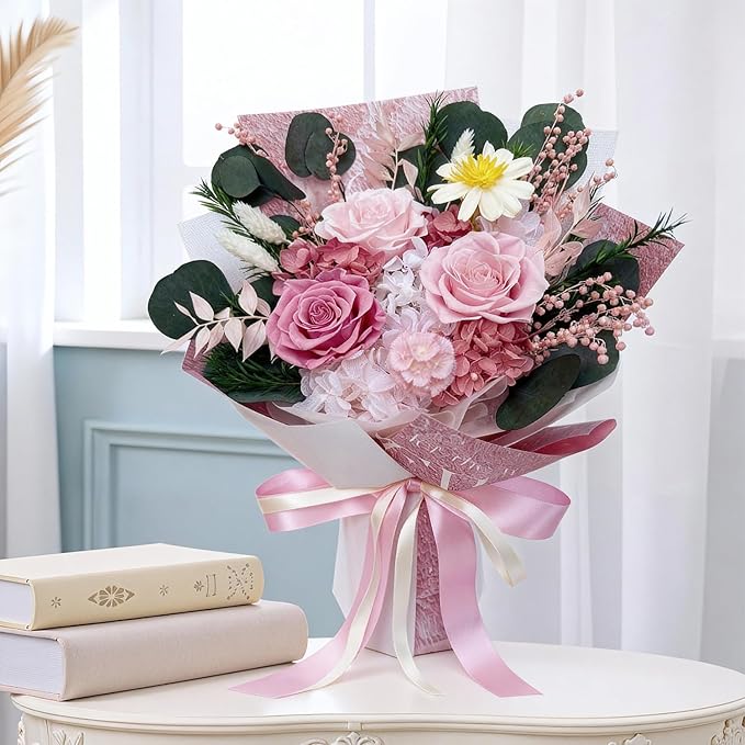 HUACHIPLUS Preserved Rose Bouquets: Fresh Flowers Bouquet- Romantic Gifts for Mom Wife Girlfriend Women-Flowers for Delivery Prime on Christmas Valentines Day Anniversary Mothers Day Birthday (Pink1)