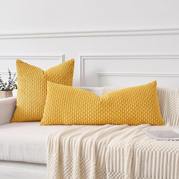 Kevin Textile 14x24 Inch Pillow Cover 1 Pack Boho Decorative Soft Striped Corduroy Lumbar Farmhouse Color Accent Rectangle Cushion Case for Living Room Couch Sofa Bed, Mustard Yellow