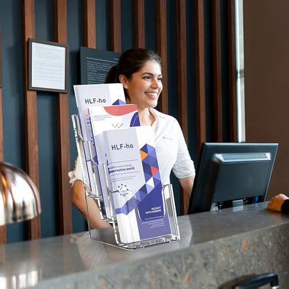 Brochure Holder 4x9 Inch 3 Tier Acrylic Literature Holders Clear Plastic Flyer Display Stand Countertop Use or Wall Mount Pamphlet Holder Organizer for Office, Lobby, Hotel, Trade Show, 4 Pack