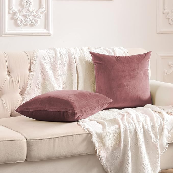 FY FIBER HOUSE Pack of 2 Velvet Throw Pillow Covers Decorative Pillowcase Soft Solid Cushion Cover, 16 x 16 Inch, Canyon Rose