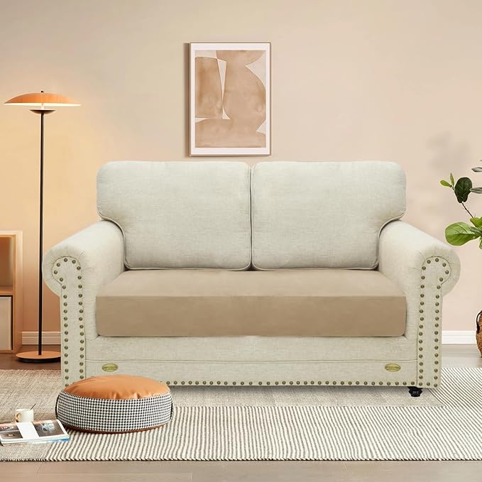 MAXIJIN Velvet Stretch Couch Cushion Covers Soft Loveseat Cushion Cover Replacement Sofa Seat Cushion Slipcovers RV Protector with Elastic Bottom (1 Piece Loveseat Cushion Cover, Camel)