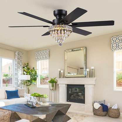 Asyko Chandelier Ceiling Fan -52" Crystal Ceiling Fan- Fandelier Fan Light Black with Remote, Silent Reversible Motor, Dual-Sided 6 Blades, 3 Speed, Timer, Indoor Fan Ceiling