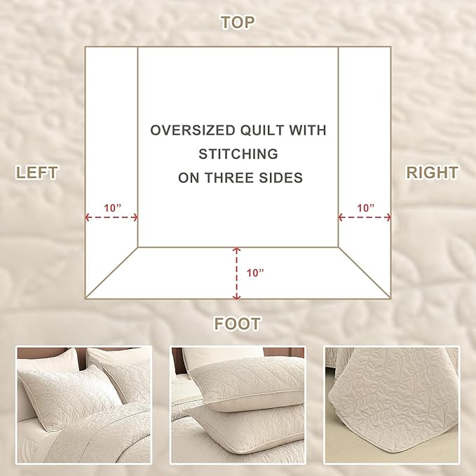 Sanracie Oversized Queen Quilt Bedspread Set 102"*118", 100% Cotton Coverlet Queen Size Wheat Colored Super Soft and Cozy Extra Large Cloud Leaves Quilting Bed Quilts for All Season