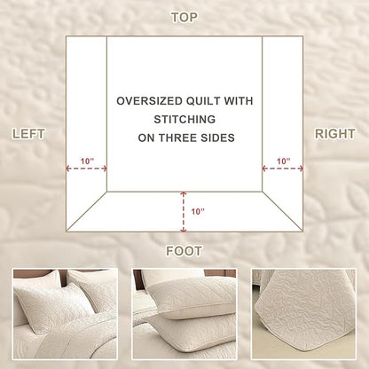 Sanracie Oversized King Quilt Bedspreads 120"*120" for Extra Bed, 100% Cotton Coverlet King Size Leaves Quilting Wheat Colored Super Large Wide California King Bed Quilt Sets Soft Lightweight