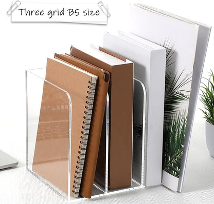 Acrylic Magazine Holder, Thickened Clear Desk Organizer with 3 Vertical Compartment Acrylic File Sorter Organizer for Office, Home, Classroom