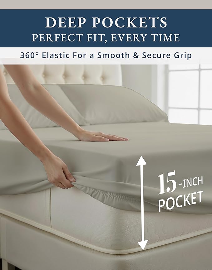 100% Egyptian Cotton Sheets Queen Size Set – Silky Sateen Weave for Winter Comfort, 15" Secure Fit Deep Pocket Queen Sheet Set, Naturally Breathable, Hotel-Quality Soft Luxury You Can Feel - Silver