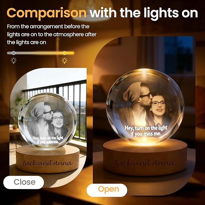Personalized 3D Photo Crystal Ball Night Light – Custom Engraved Picture Lamp with Wood Base for Couples, Family & Pets – Ideal for Anniversary or Birthday