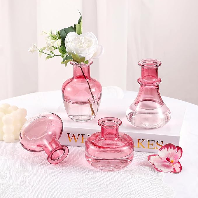Pink Gradient Glass Bud Vase, 10Pcs/Set Modern Decorative Small Mini Flowers Vases, Minimalist Aesthetic Home Decor Vintage Wedding Table Centerpieces for Single Flower Rose